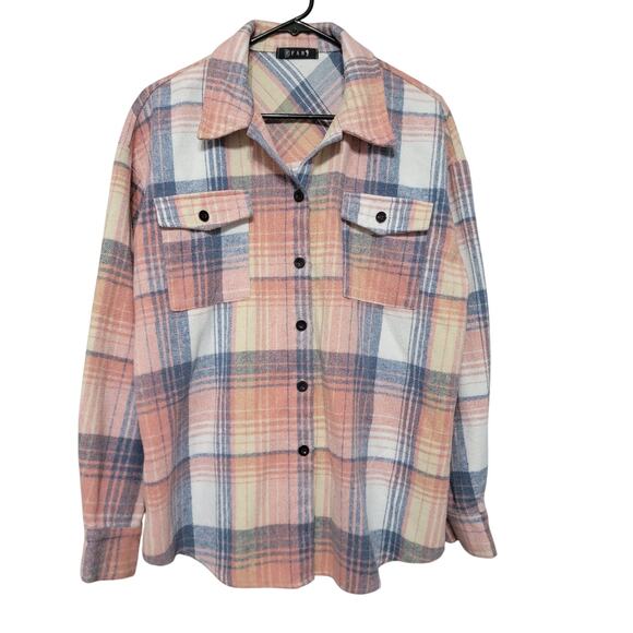 EFAN Shacket Flannel Plaid Button Down Pink Blue Yellow White Size Medium - Picture 1 of 7